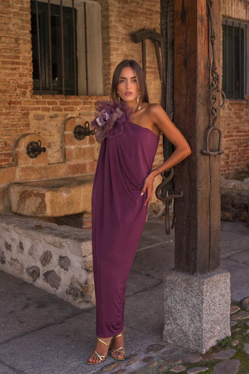 MANUELA - VESTIDO ASIMÉTRICO CON FLOR
