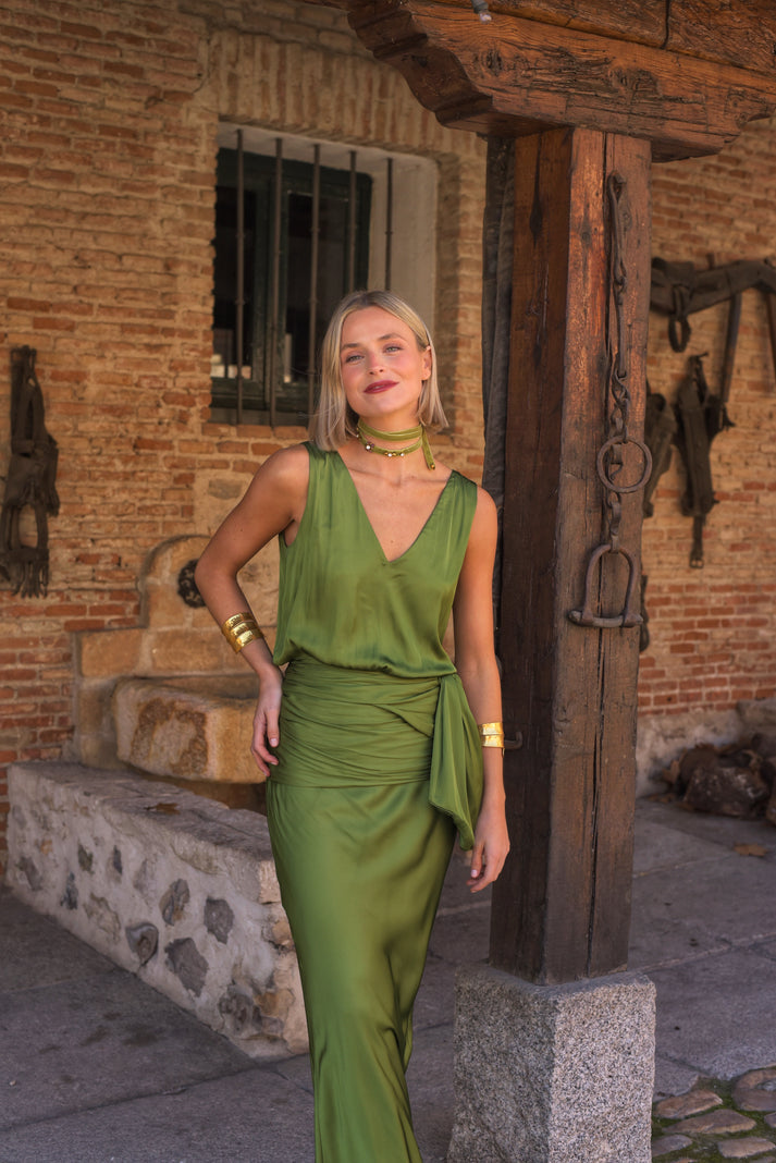EVANGELINA - VESTIDO LARGO FLUIDO CON LAZADA