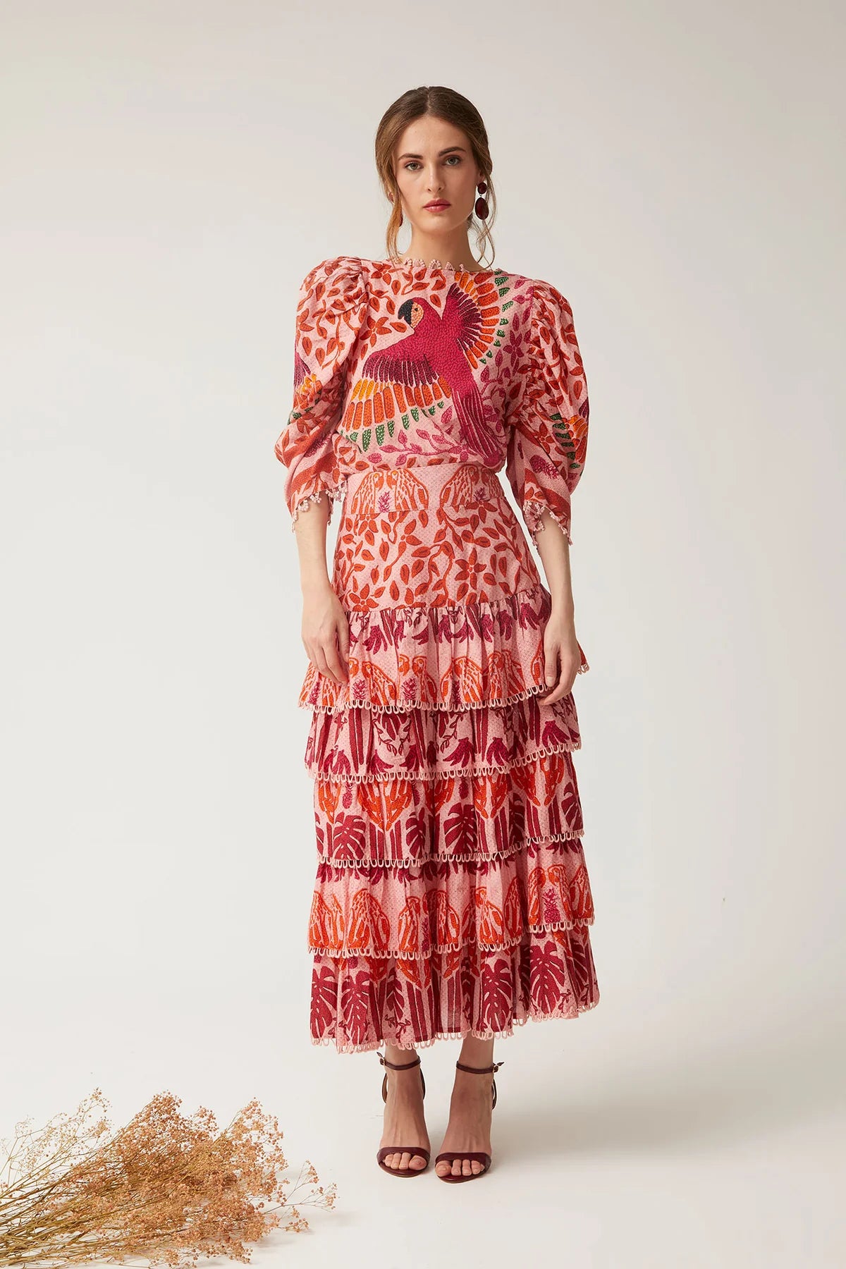 CLOTILDA - CONJUNTO DE TOP Y FALDA ESTAMPADA CON VOLANTES