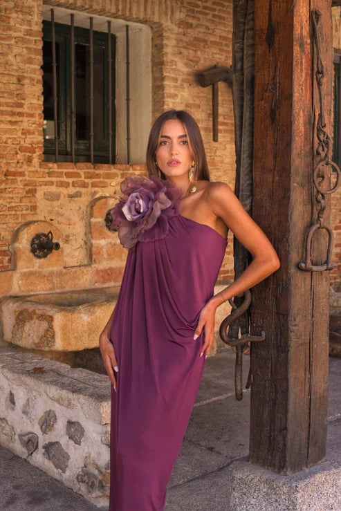 MANUELA - VESTIDO ASIMÉTRICO CON FLOR