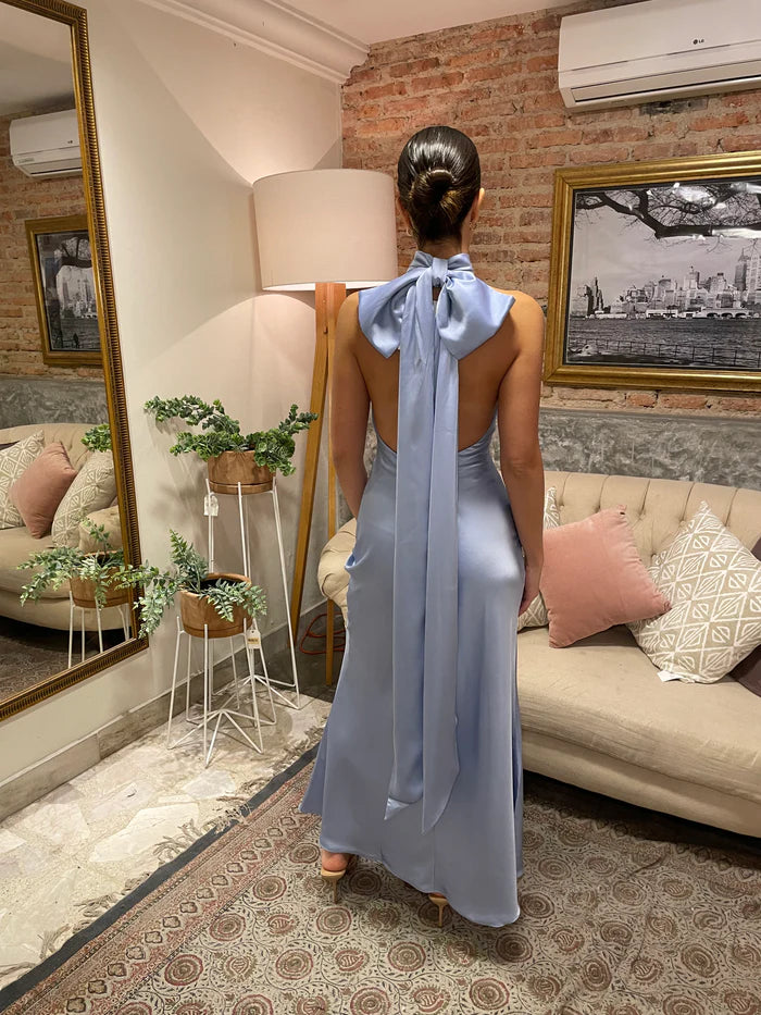 MACARIA - VESTIDO LARGO HALTER DE SATÉN AZUL