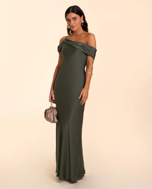 SIRENA - VESTIDO LARGO DE SATÉN CON ESCOTE DRAPEADO