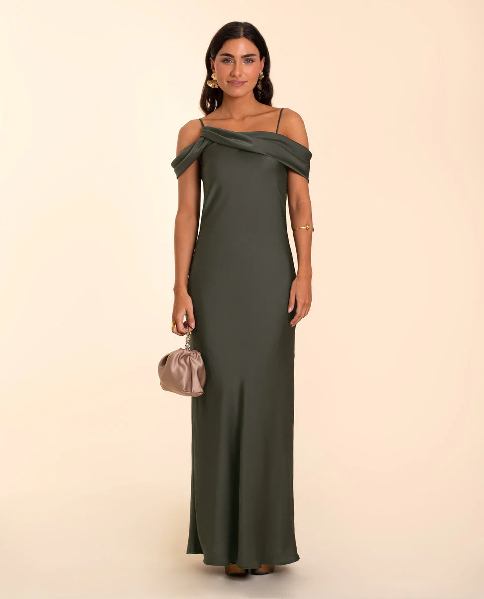SIRENA - VESTIDO LARGO DE SATÉN CON ESCOTE DRAPEADO