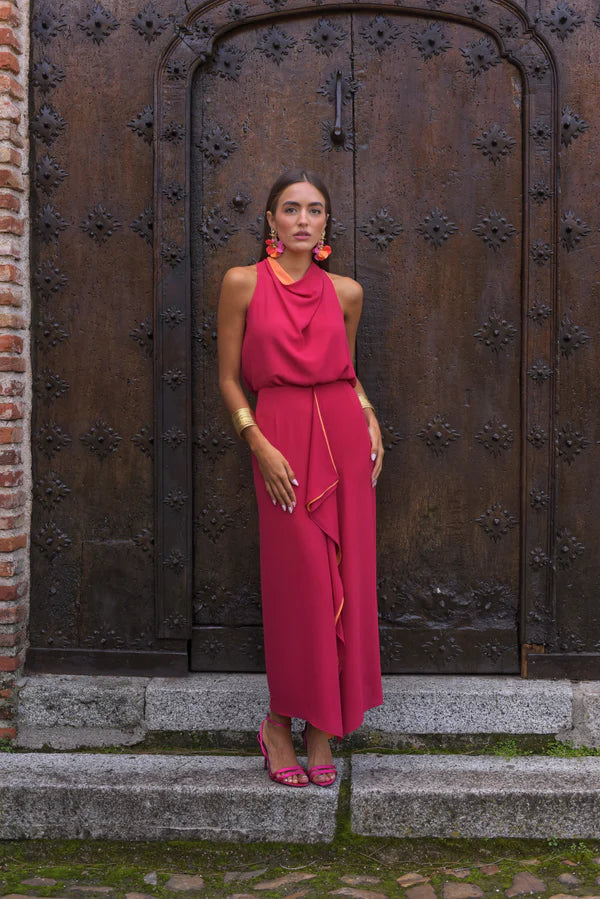 MARIHU - CONJUNTO CON CUELLO DRAPEADO Y FALDA CON VOLANTE