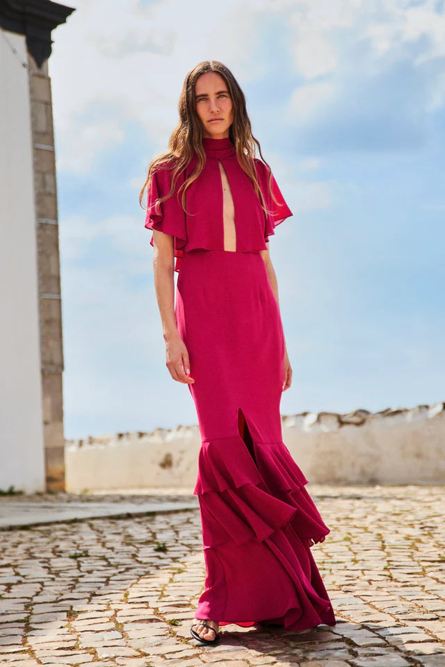 OROSIA - VESTIDO LARGO CON VOLANTES Y LAZADA