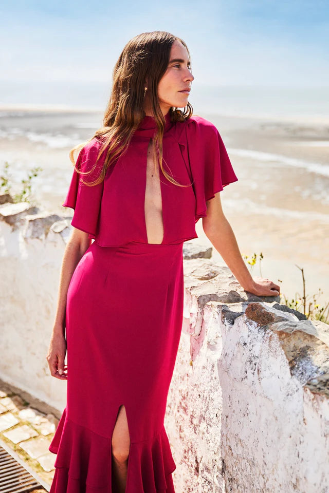 OROSIA - VESTIDO LARGO CON VOLANTES Y LAZADA
