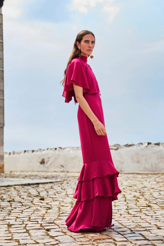 OROSIA - VESTIDO LARGO CON VOLANTES Y LAZADA