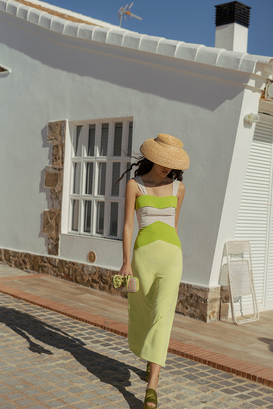 GENARA - VESTIDO MIDI CON ESCOTE CUADRADO Y CORTE BICOLOR