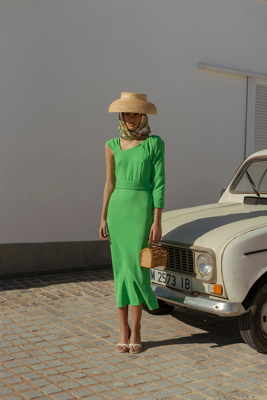 ISIDRA - VESTIDO MIDI ASIMÉTRICO CON MANGA ABULLONADA
