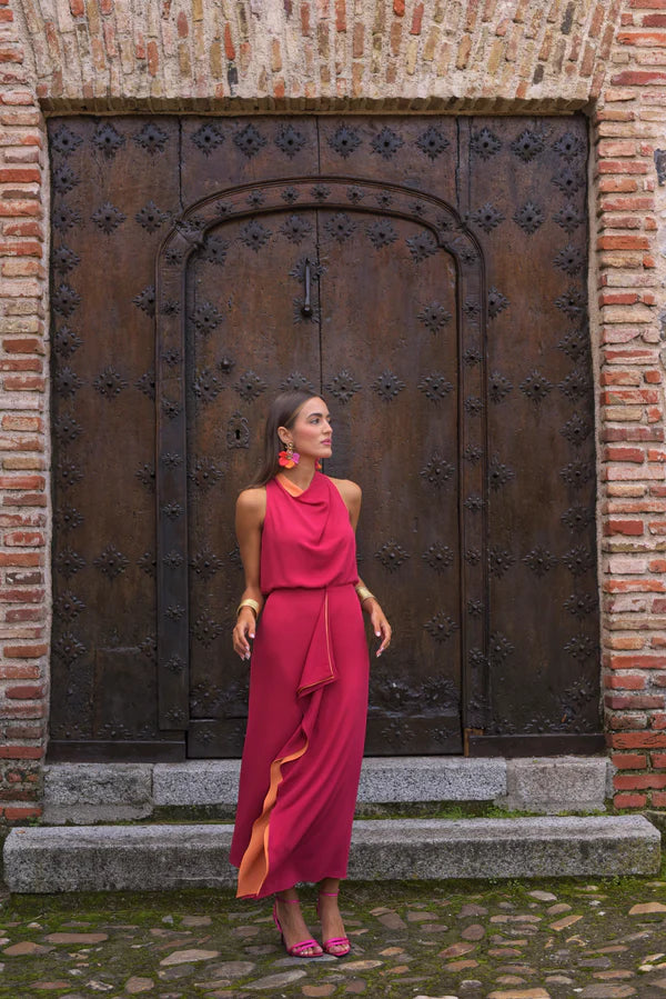 MARIHU - CONJUNTO CON CUELLO DRAPEADO Y FALDA CON VOLANTE