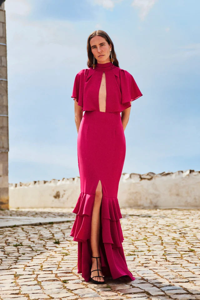 OROSIA - VESTIDO LARGO CON VOLANTES Y LAZADA