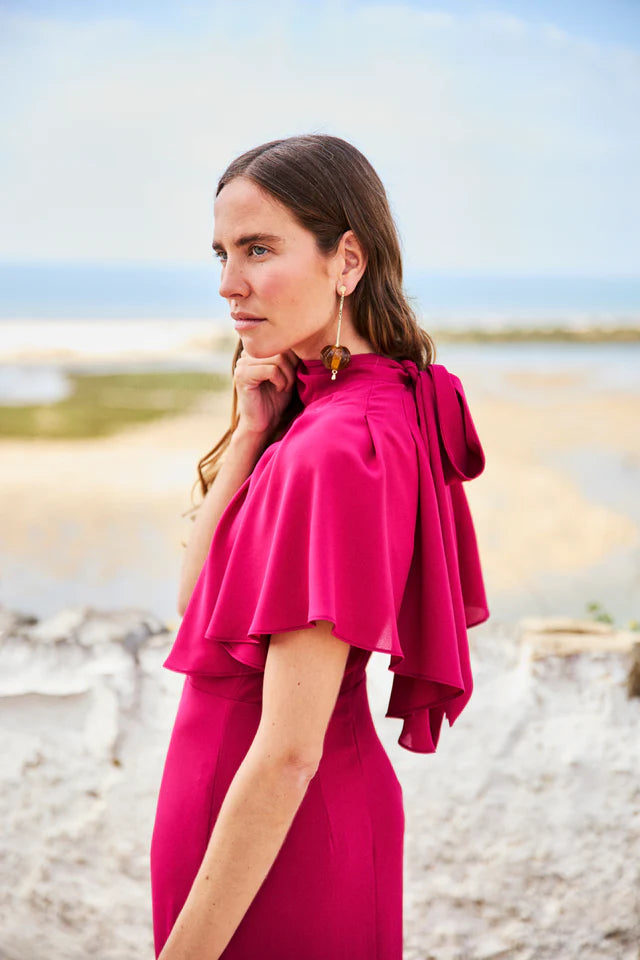 OROSIA - VESTIDO LARGO CON VOLANTES Y LAZADA
