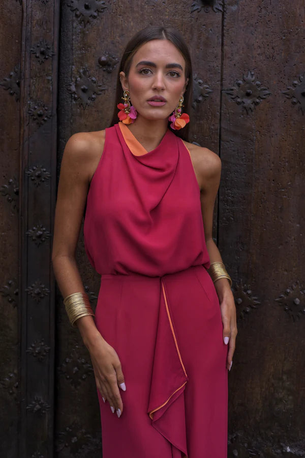MARIHU - CONJUNTO CON CUELLO DRAPEADO Y FALDA CON VOLANTE