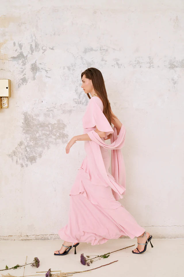 RAIMUNDA - VESTIDO LARGO ASIMÉTRICO CON VOLANTES