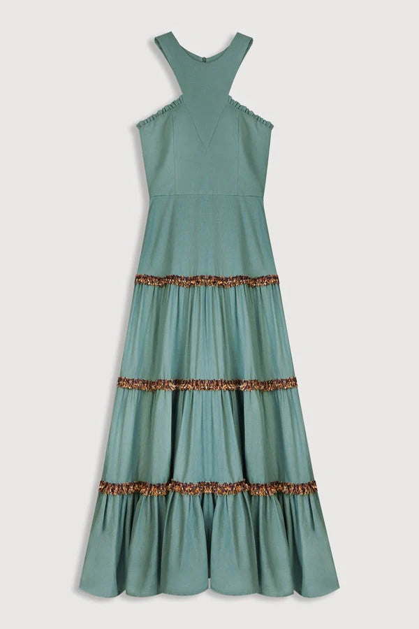 ELIA - VESTIDO MIDI CON ESCOTE HALTER Y VOLANTES